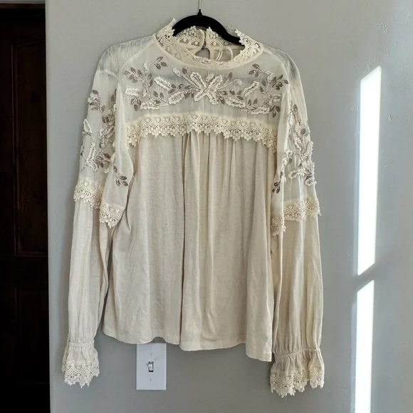 Anthropologie Jenna Lace Bohi Oullover Embroidered Blouse Cream Romantic XL - Picture 3 of 10